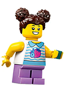 Minifig cty1797 - Child - Girl, White Collared Shirt with Fruit, Medium Lavender Short Legs, Dark Brown Hair with Buns