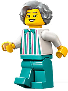 Minifig cty1798 - Harbor Shop Worker - Female, Light Bluish Gray Hair, White Shirt with Stripes, Dark Turquoise Legs