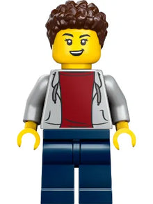 Minifig cty1813 - Sports Car Driver - Female, Light Bluish Gray Hoodie with Dark Red Shirt, Dark Blue Legs, Dark Brown Hair