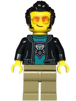 Minifig cty1814 - Sports Car Driver - Male, Black Jacket over Dark Turquoise Shirt with Hawk Head Logo, Dark Tan Legs, Black Hair, Sunglasses