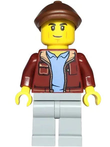 Minifig cty1815 - Car Transporter Driver - Male, Dark Red Jacket, Light Bluish Gray Legs, Reddish Brown Flat Cap