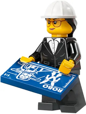 Minifig cty1816 - Construction Engineer / Architect - Female, Black Suit Jacket with White Button Up Shirt, Dark Bluish Gray Legs, White Construction Helmet with Dark Brown Ponytail Hair, Glasses