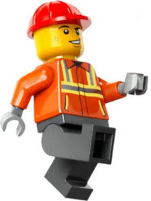 Minifig cty1817 - Construction Worker - Male, Reddish Orange Safety Jacket with Reflective Stripes, Dark Bluish Gray Legs, Red Construction Helmet