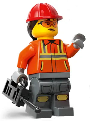 Minifig cty1818 - Construction Worker - Female, Reddish Orange Safety Jacket with Reflective Stripes, Dark Bluish Gray Legs with Knee Pads, Red Construction Helmet with Dark Brown Ponytail Hair, Safety Glasses