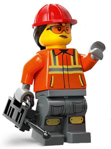 Minifig cty1818 - Construction Worker - Female, Reddish Orange Safety Jacket with Reflective Stripes, Dark Bluish Gray Legs with Knee Pads, Red Construction Helmet with Dark Brown Ponytail Hair, Safety Glasses