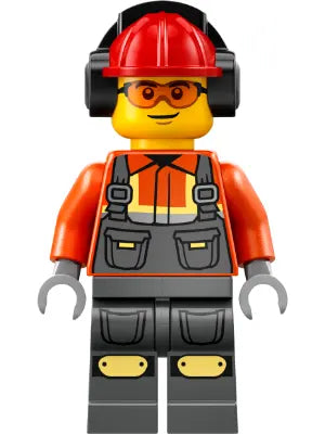 Minifig cty1819 - Construction Worker - Male, Reddish Orange Safety Jacket, Reflective Stripe, Dark Bluish Gray Overalls, Red Construction Helmet with Black Ear Protectors / Headphones, Safety Glasses