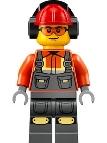 Minifig cty1819 - Construction Worker - Male, Reddish Orange Safety Jacket, Reflective Stripe, Dark Bluish Gray Overalls, Red Construction Helmet with Black Ear Protectors / Headphones, Safety Glasses