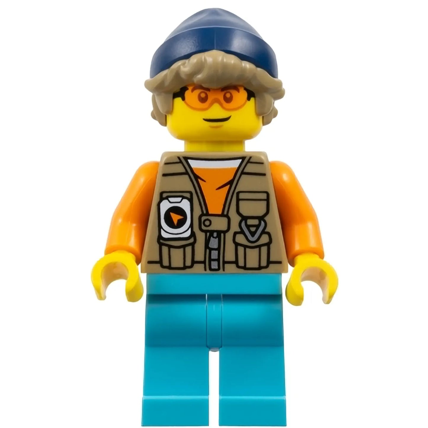 Minifig cty1899 - Arctic Explorer - Male, Dark Tan Vest over Orange Shirt, Medium Azure Legs, Dark Blue Beanie, Dark Tan Hair, Orange Glasses