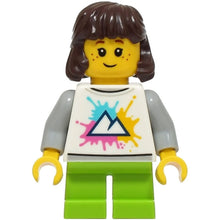 Minifig cty1927 - Child - Girl, White Shirt with Mountains Logo, Lime Short Legs, Dark Brown Hair