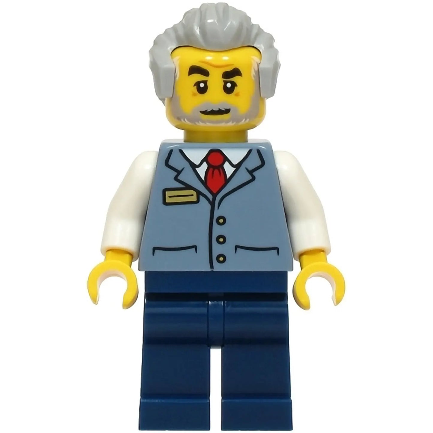 Minifig cty1928 - Station Master - Sand Blue Vest over White Shirt, Dark Blue Legs, Light Bluish Gray Hair