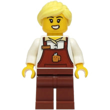 Minifig cty1926 - Barista - Female, Reddish Brown Apron with Cup and Name Tag, Reddish Brown Legs, Bright Light Yellow Ponytail