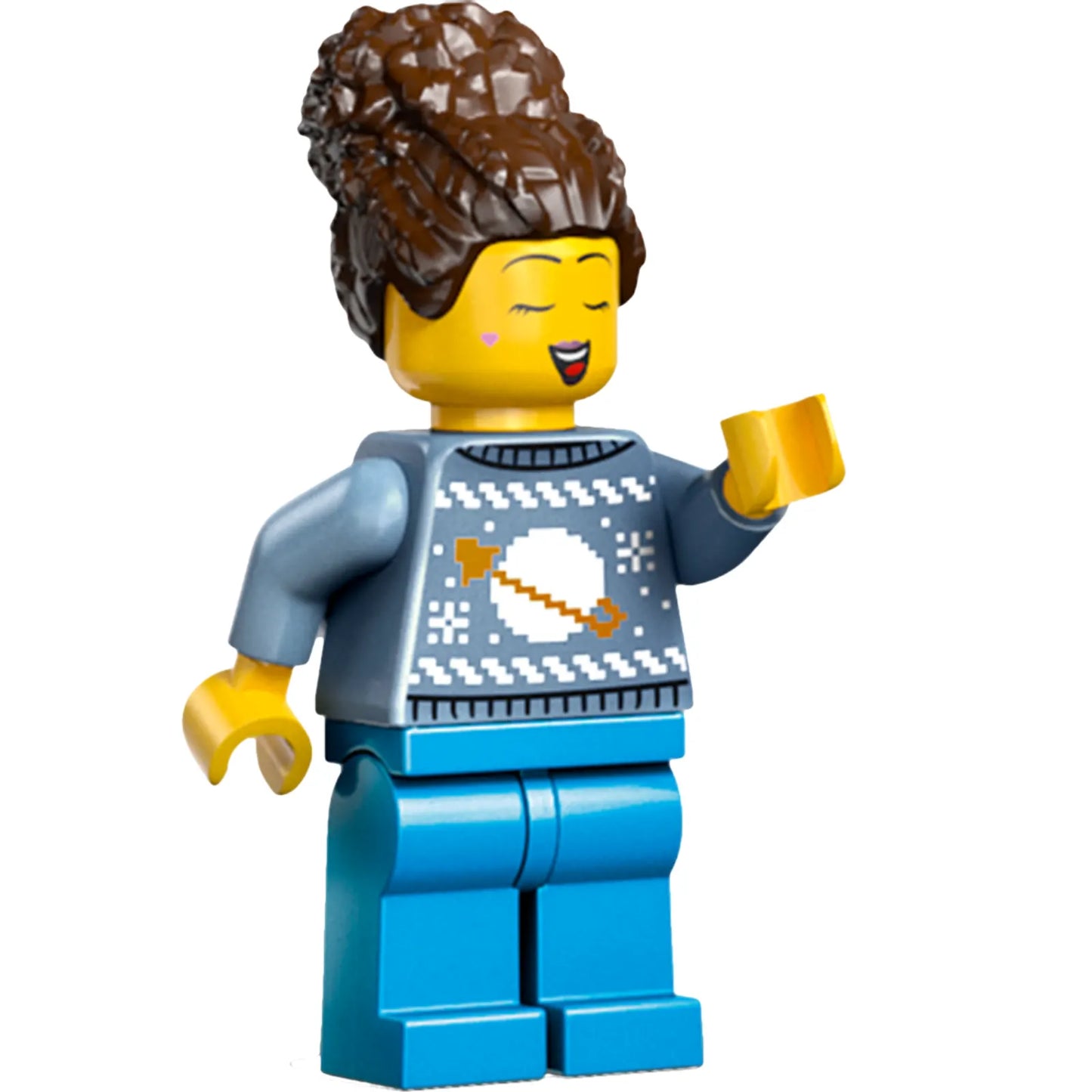 Minifig cty1933 - Woman - Sand Blue Space Holiday Sweater, Dark Azure Legs, Dark Brown Coiled Hair with Bun