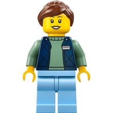 Minifig cty1952 - Delivery Worker - Female, Dark Blue Bodywarmer over Sand Green Sweater, Bright Light Blue Legs, Reddish Brown Hair, Hearing Aid