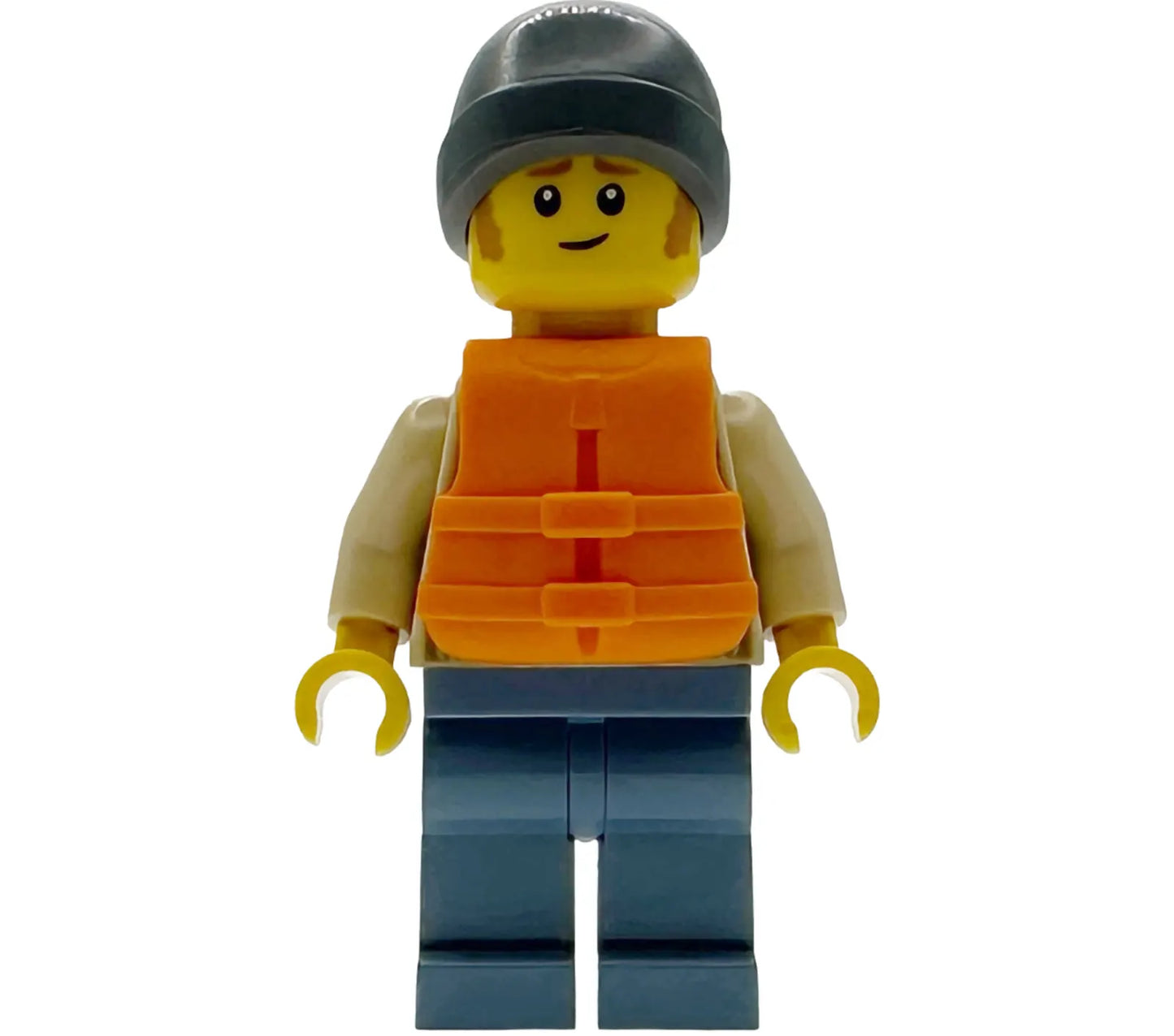 Minifig cty1955 - Man - Tan Knit Cable Sweater, Orange Life Jacket, Sand Blue Legs, Dark Bluish Gray Beanie