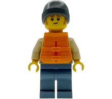Minifig cty1955 - Man - Tan Knit Cable Sweater, Orange Life Jacket, Sand Blue Legs, Dark Bluish Gray Beanie