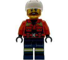 Minifig cty1956 - Coast Guard City - Male, Reddish Orange Jacket with Pockets and Reflective Stripes, Dark Blue Legs with Pockets and Reflective Stripes, White Sports Helmet