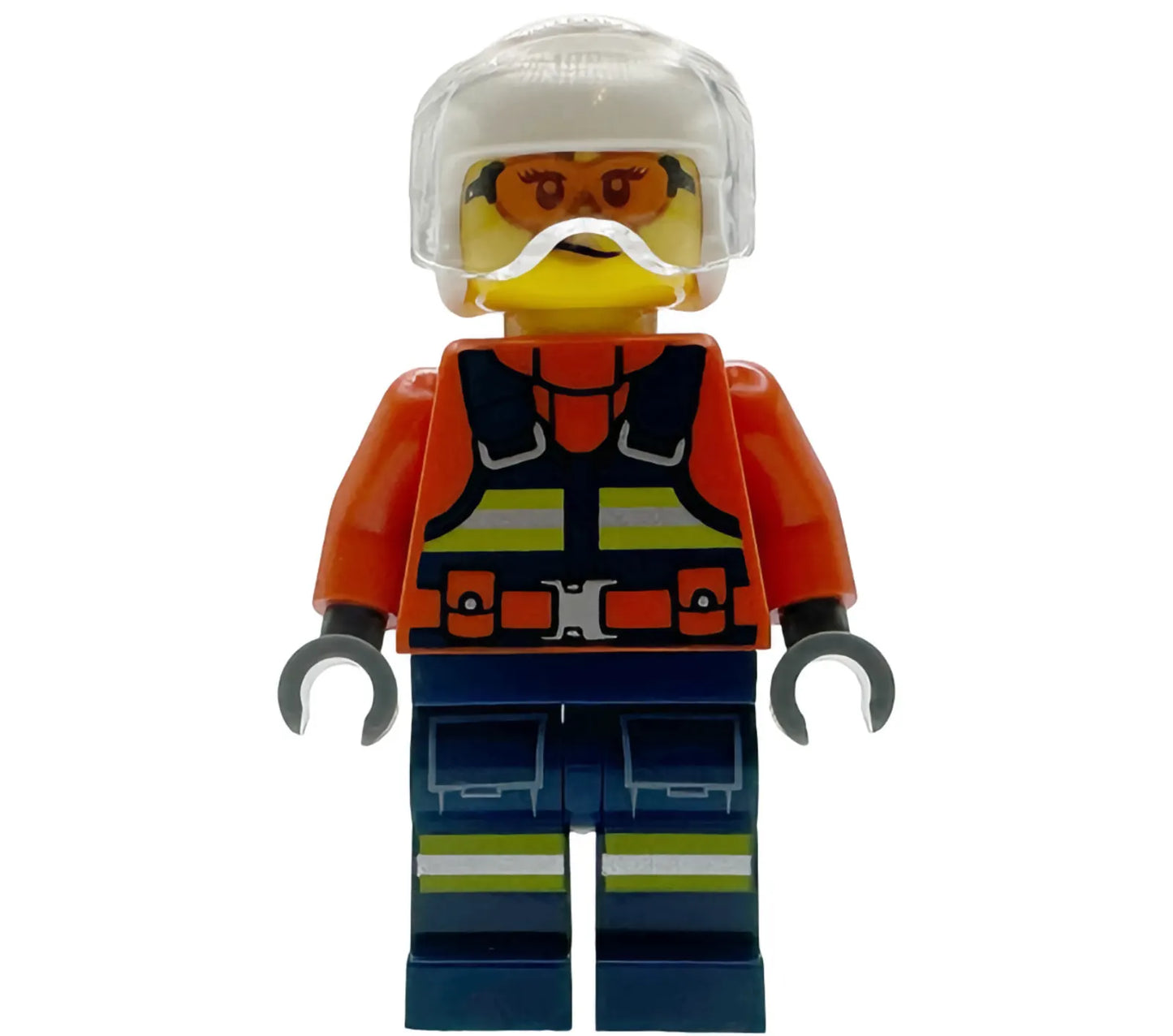 Minifig cty1957 - Coast Guard City - Female, Reddish Orange Jacket with Dark Blue Safety Vest and Reflective Stripes, Dark Blue Legs with Pockets and Reflective Stripes, White Helmet, Trans-Clear Visor, Safety Glasses
