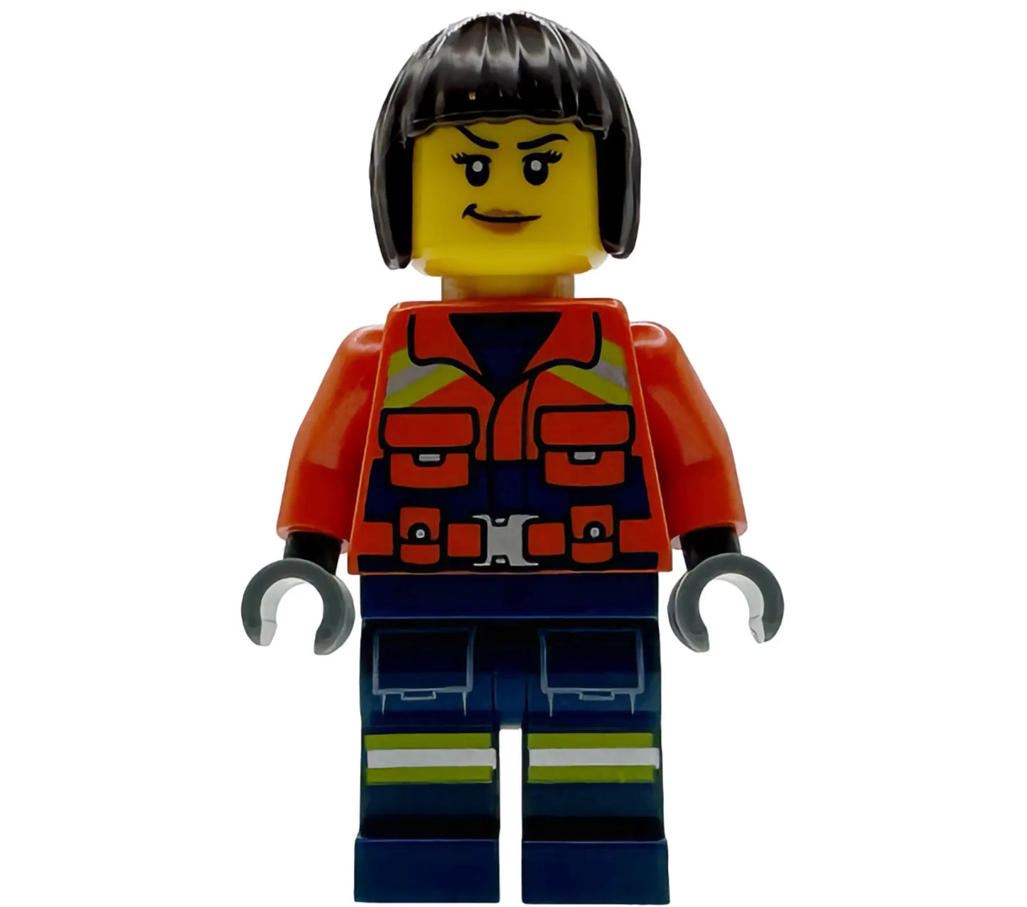 Minifig cty1958 - Coast Guard City - Female, Reddish Orange Jacket with Pockets and Reflective Stripes, Dark Blue Legs with Pockets and Reflective Stripes, Dark Brown Bob Cut Hair