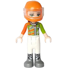 Minifig frnd273 - Friends Mia - White Trousers, Lime and Orange Racing Jacket, Orange Racing Helmet with Dark Red Ponytail