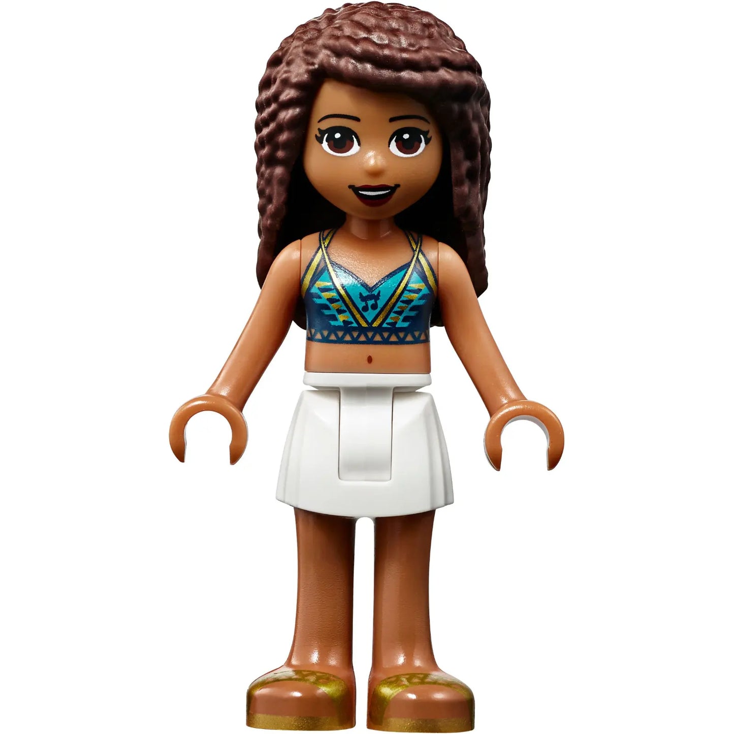 Minifig frnd383 - Friends Andrea - White Skirt, Dark Blue Halter Top with Gold Trim, Headphones