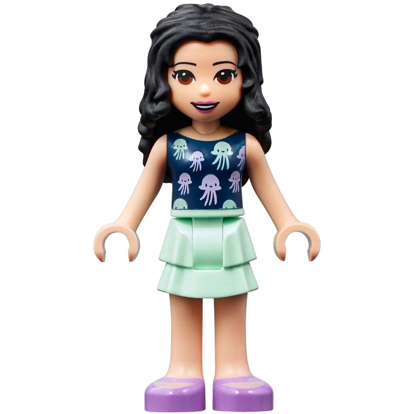 Minifig frnd387 - Friends Emma - Light Aqua Layered Skirt, Dark Blue Top with Jellyfish, Trans-Purple Sunglasses