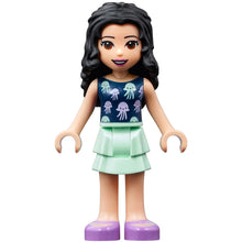 Minifig frnd387 - Friends Emma - Light Aqua Layered Skirt, Dark Blue Top with Jellyfish, Trans-Purple Sunglasses