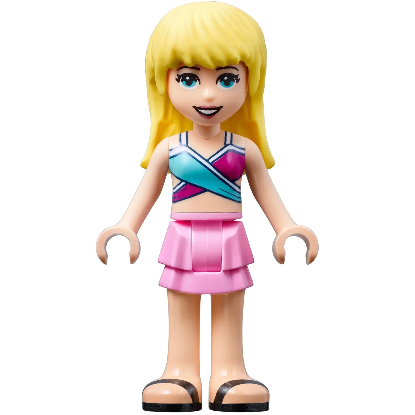 Minifigur frnd398 - Friends Stephanie - Hellrosa Lagenrock, Magenta- und Mittelblaues Badeanzug-Oberteil, Kopfhörer