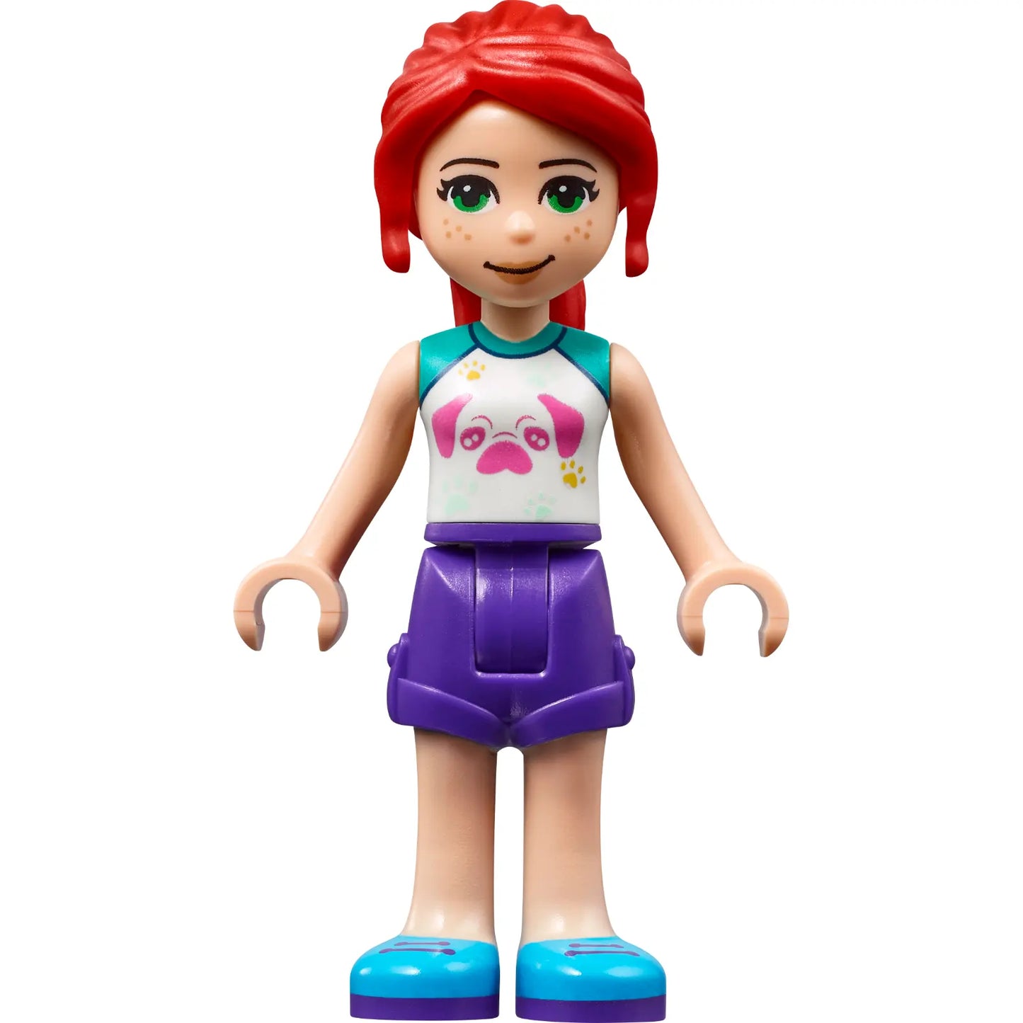 Minifigur frnd431 - Friends Mia - Dunkelviolette Shorts, weißes Oberteil mit Mopskopf
