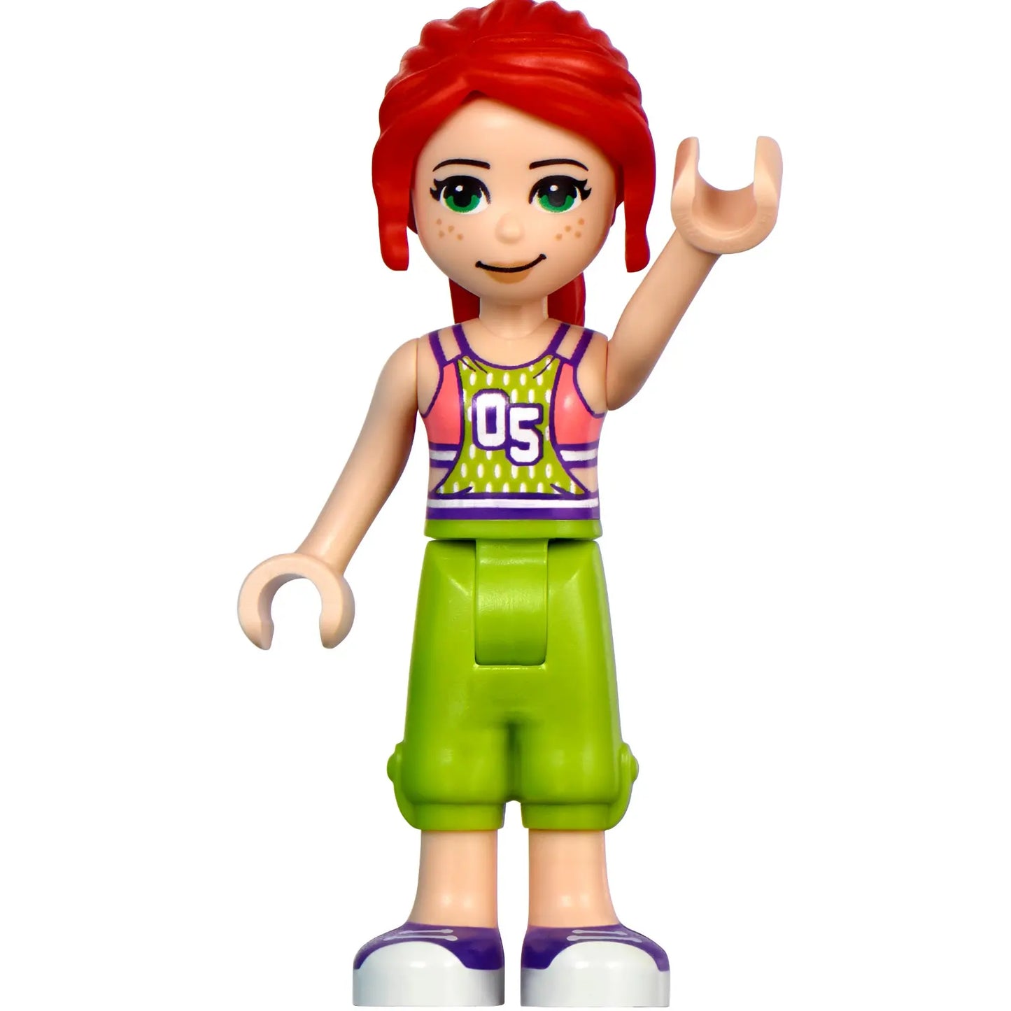 Minifigur frnd446 – Friends Mia – korallen- und limettengrünes Trikot, limettengrüne Hose, dunkelviolette und weiße Schuhe