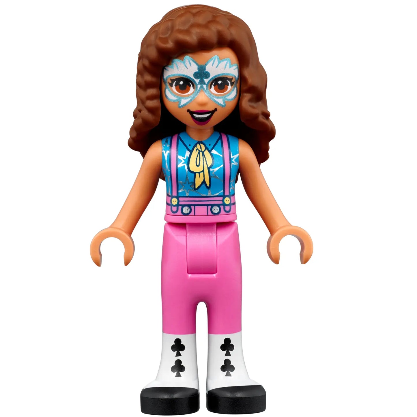 Minifigur frnd447 – Friends Olivia (Nougat) – metallisch hellblaue und weiße Gesichtsbemalung, dunkelrosa Hose, schwarz-weiße Leggings und Schuhe