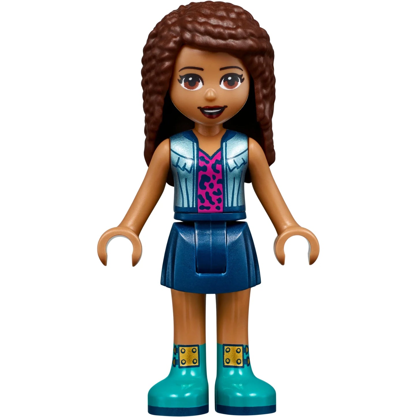 Minifig frnd456 - Friends Andrea - Dark Blue Skirt, Metallic Light Blue Jacket over Magenta Top