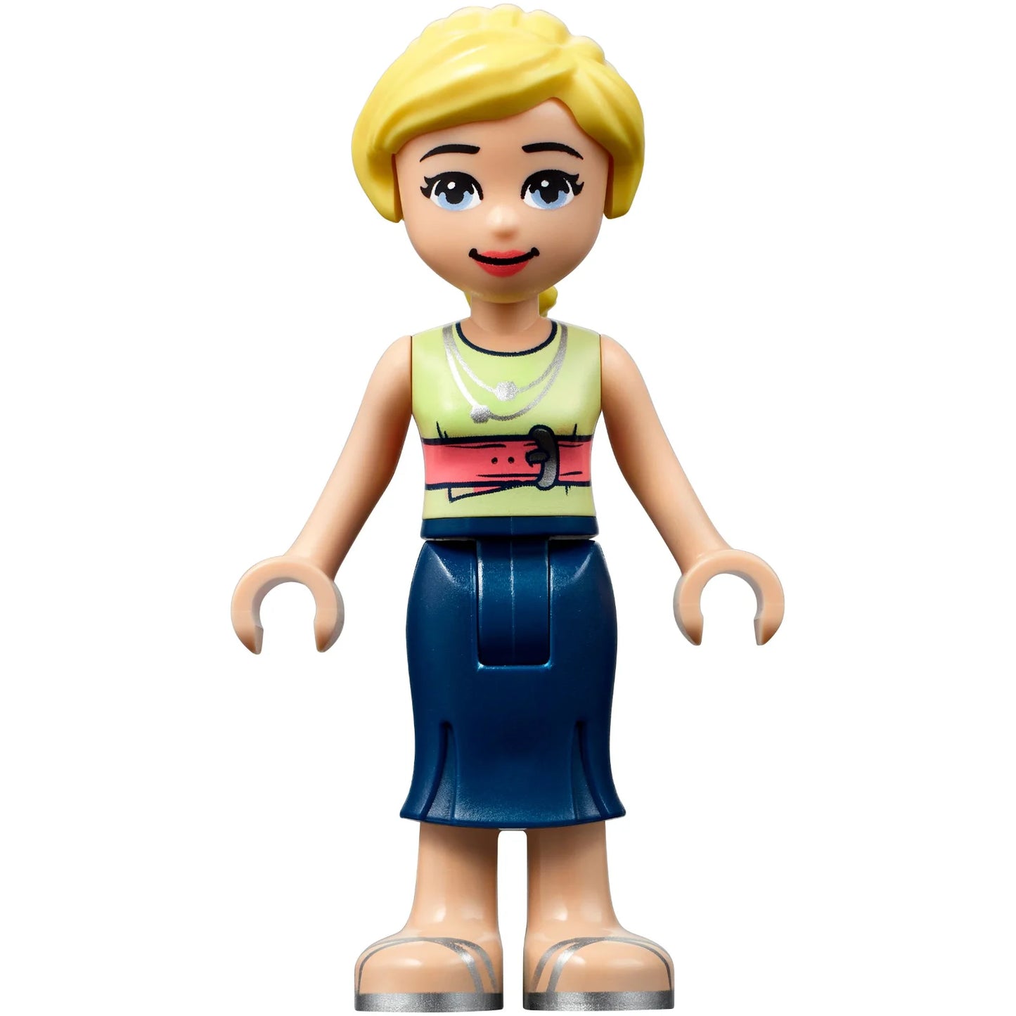 Minifig frnd461 - Friends Marisa - Dark Blue Skirt, Yellowish Green Shirt with Coral Belt, Silver Sandals
