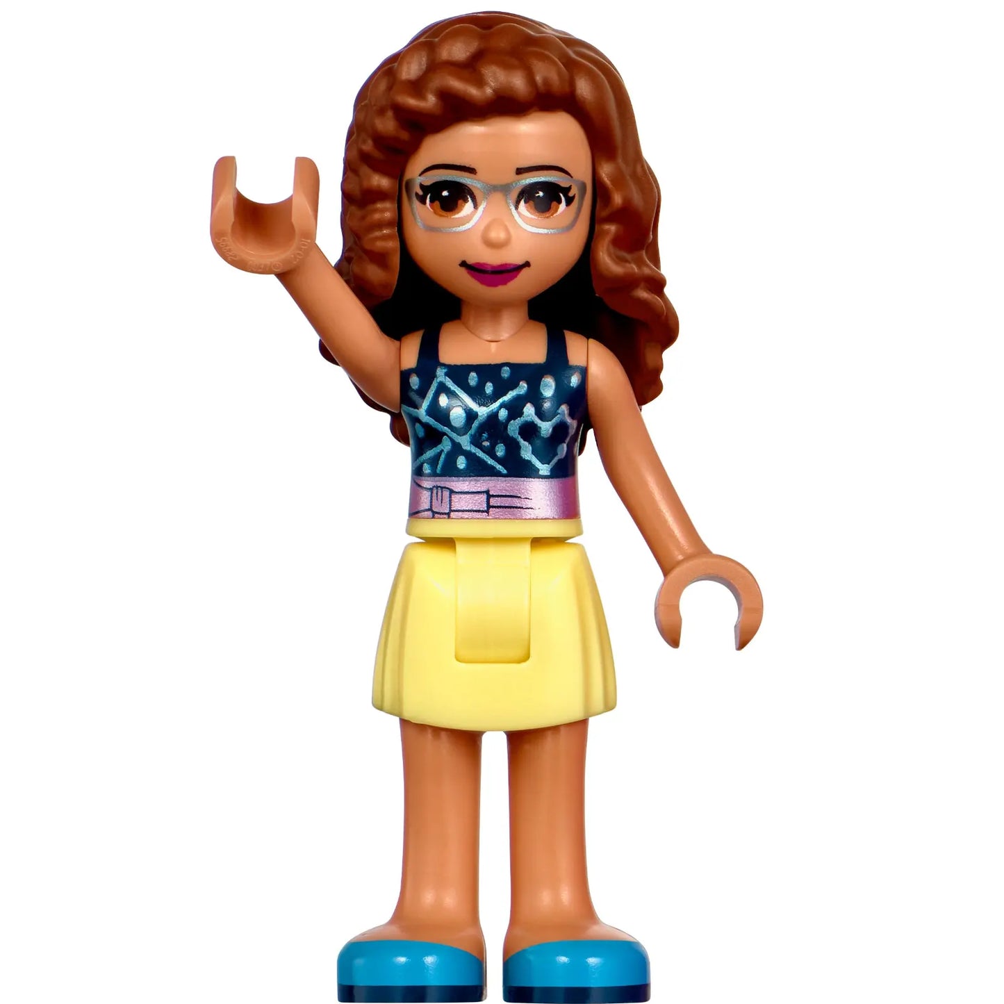 Minifigur frnd481 – Friends Olivia (Nougat) – leuchtend hellgelber Rock, dunkelblaues Oberteil mit Sternbildern, hellblaue Kopfhörer