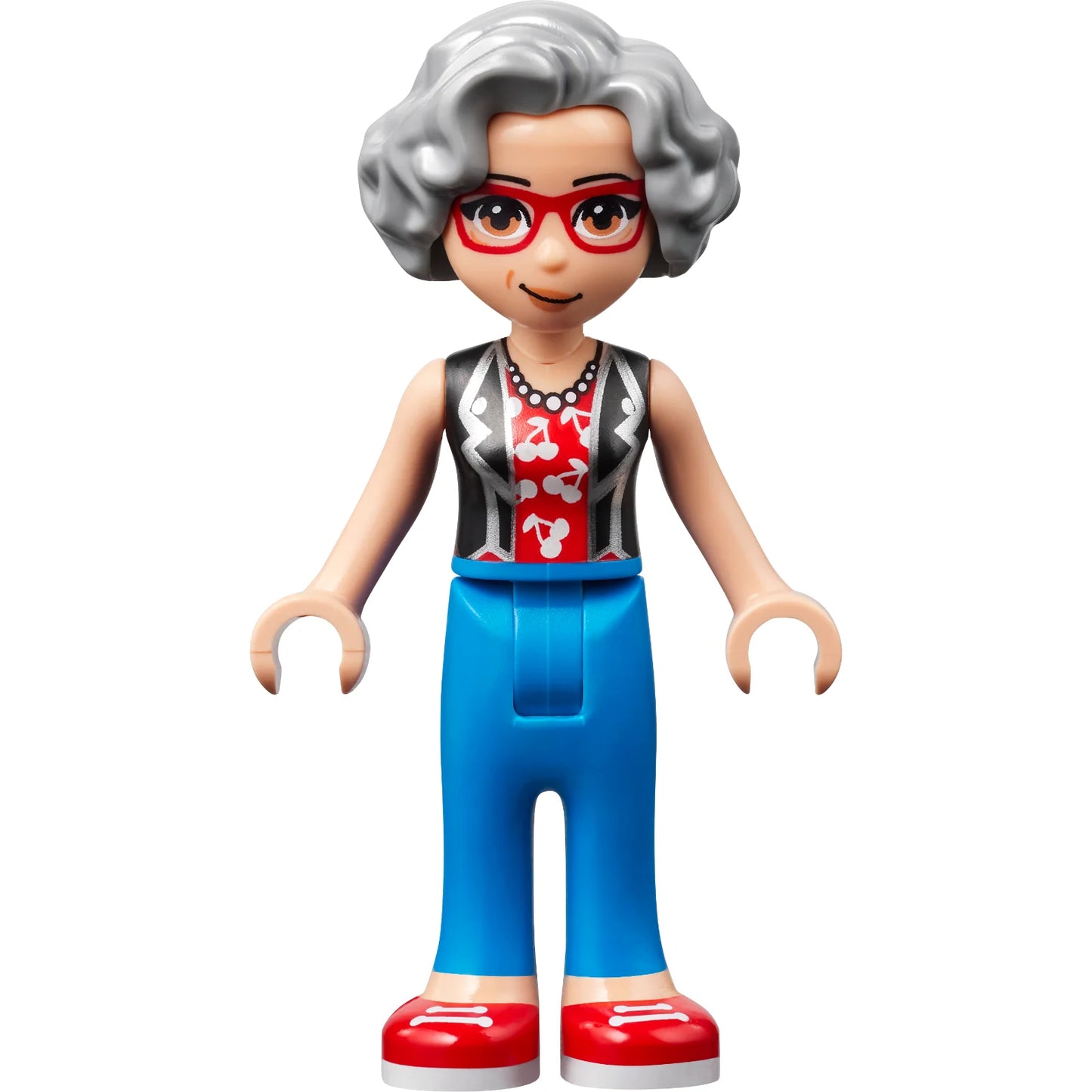 Minifig frnd489 - Friends Dottie - Blue Trousers with Red Shoes, Black Vest over Red Shirt with Cherries