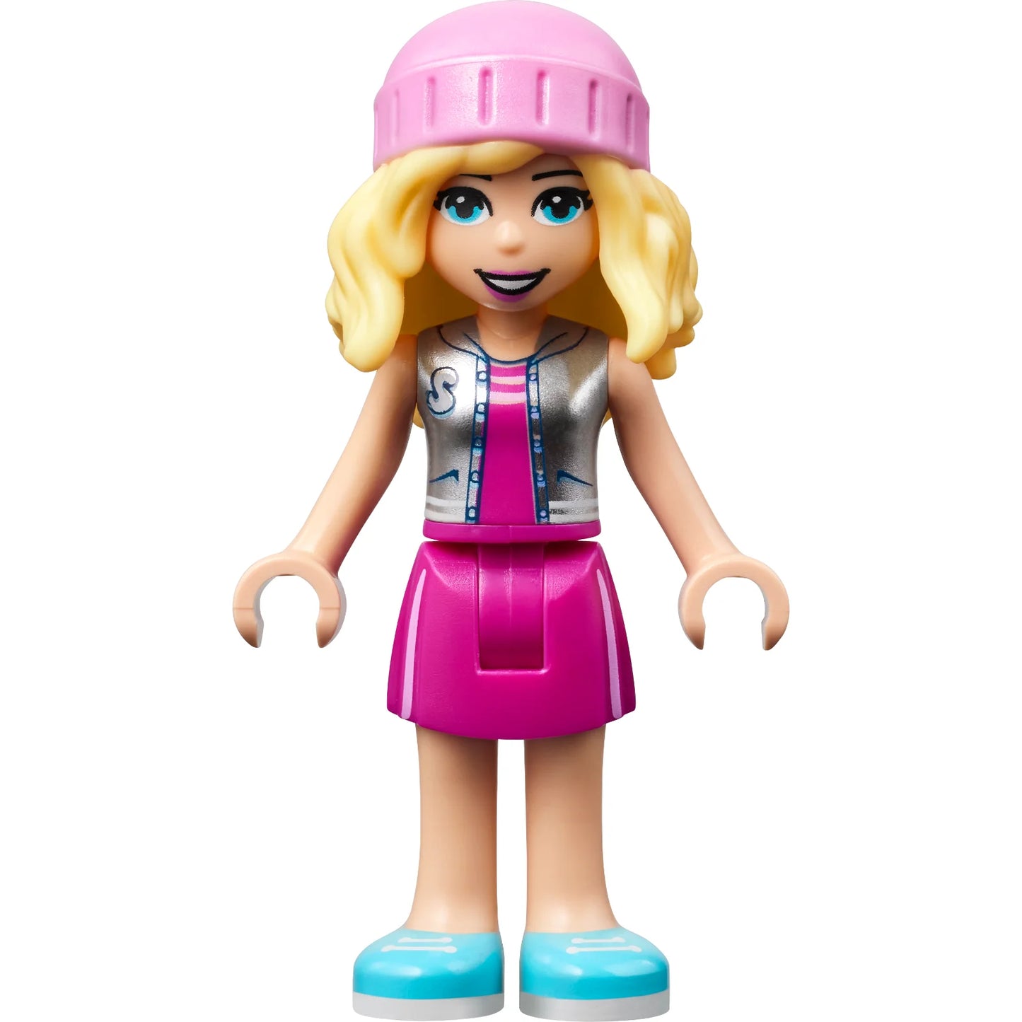 Minifig frnd490 - Friends Stephanie - Magenta Skirt and Top with Silver Vest, Bright Pink Hat