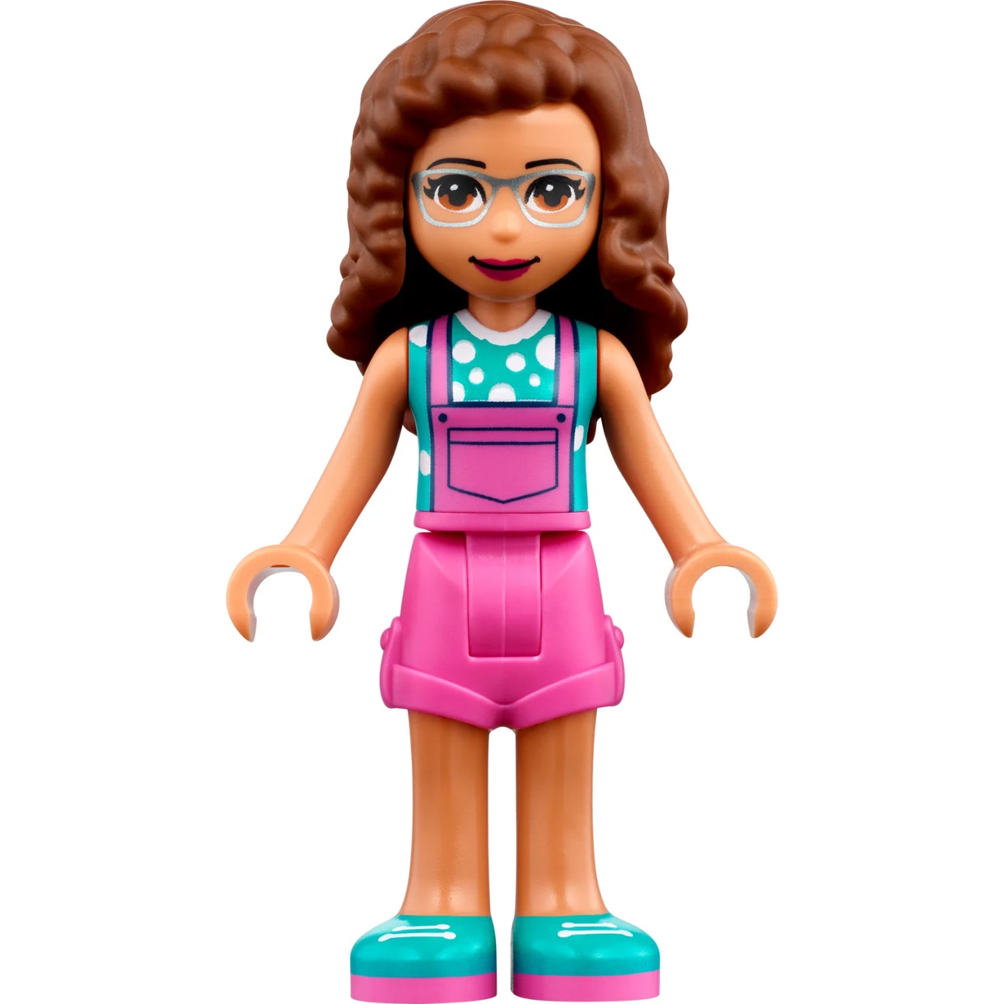 Minifig frnd496 - Friends Olivia (Nougat) - Dark Pink Overalls, Dark Turquoise Top