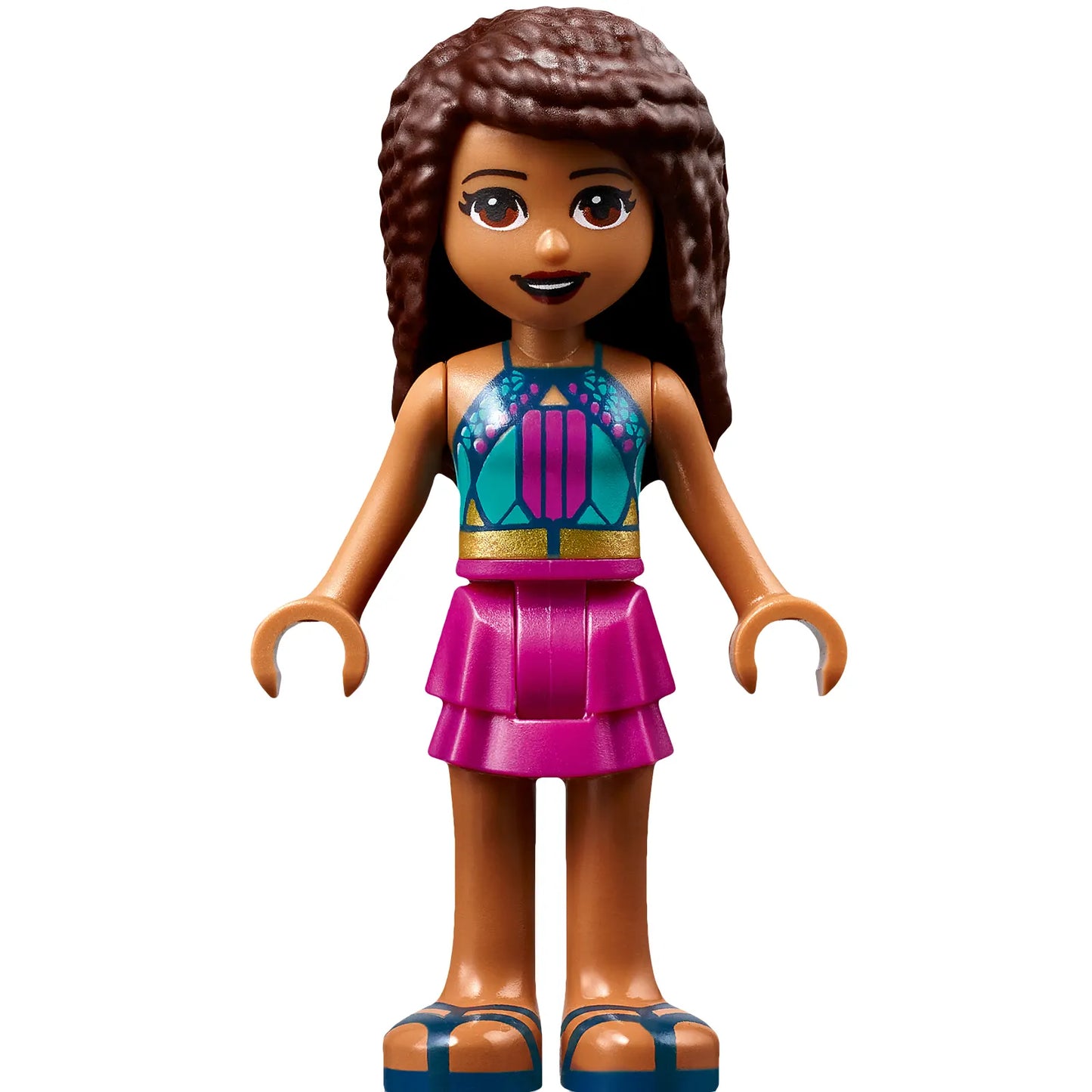 Minifigur frnd505 – Friends Andrea – Dunkeltürkises Neckholder-Top, Magenta-Rock, Orange Schwimmweste, Hellrosa Blume