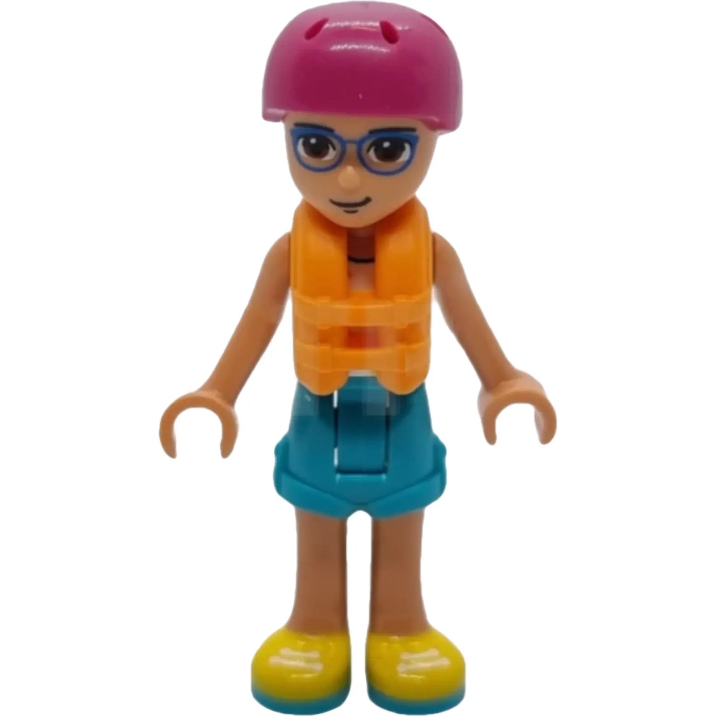 Minifigur frnd513 - Friends Sebastian - Weißes Tanktop, dunkeltürkise Shorts, gelbe Schuhe, magentafarbener Helm, orange Schwimmweste