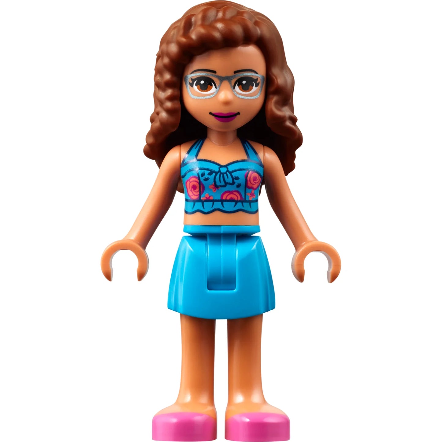 Minifig frnd556 - Friends Olivia (Nougat) - Dark Azure Skirt and Top with Magenta and Coral Roses, Dark Pink Shoes
