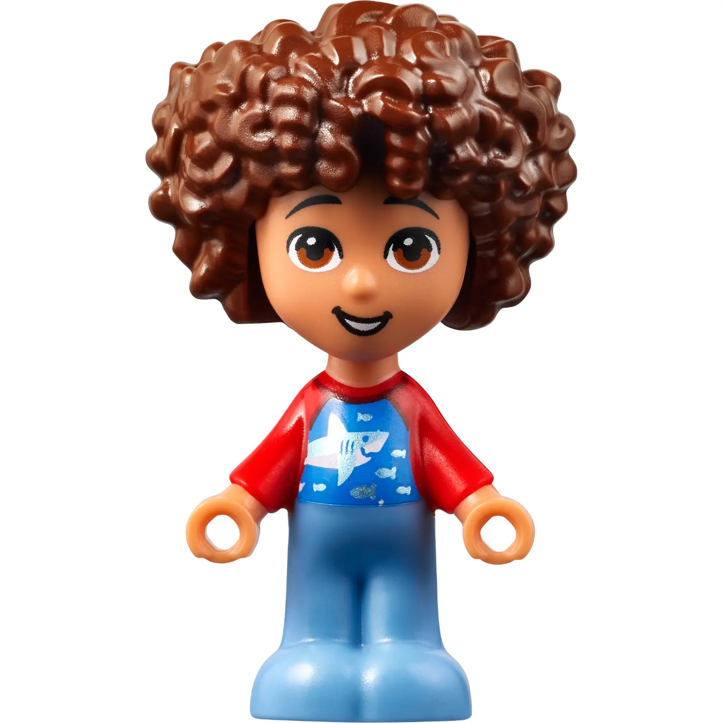 Minifig frnd557 - Friends Santiago - Micro Doll, Red and Blue Shirt with Shark, Orange Life Jacket, Trans-Purple Sunglasses