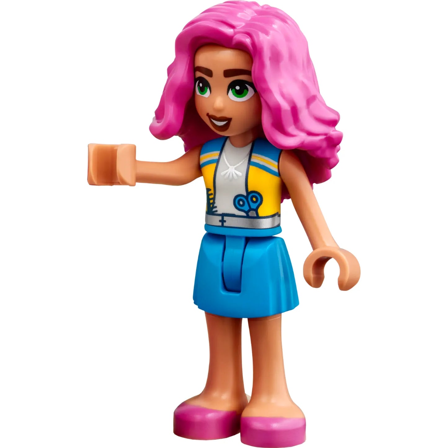 Minifig frnd590 - Friends Nadia - Medium Azure and Yellow Vest, Medium Azure Skirt, Dark Pink Shoes