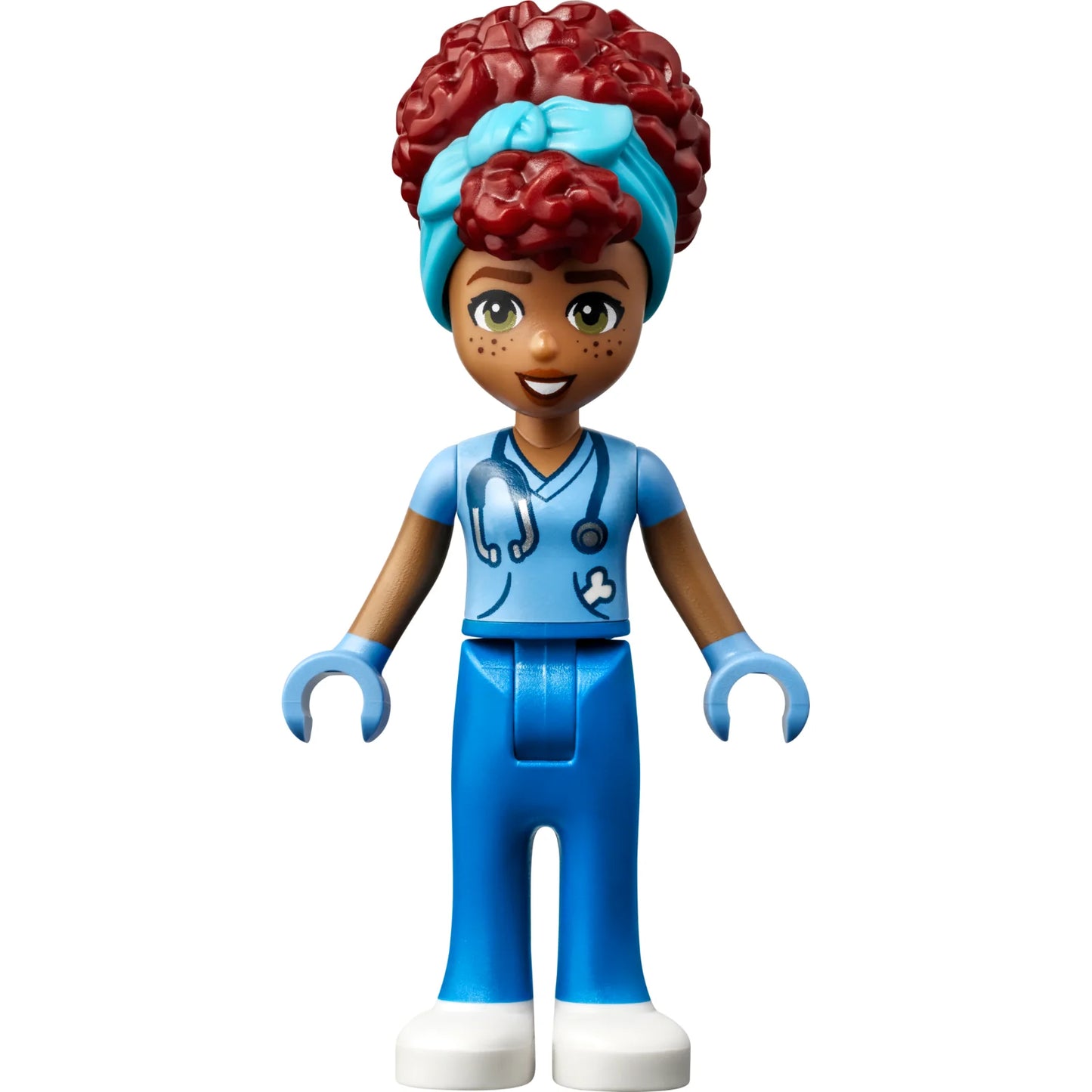 Minifig frnd597 - Friends Gabriela - Medium Blue Shirt with Stethoscope, Blue Trousers, White Shoes, Medium Azure Head Wrap
