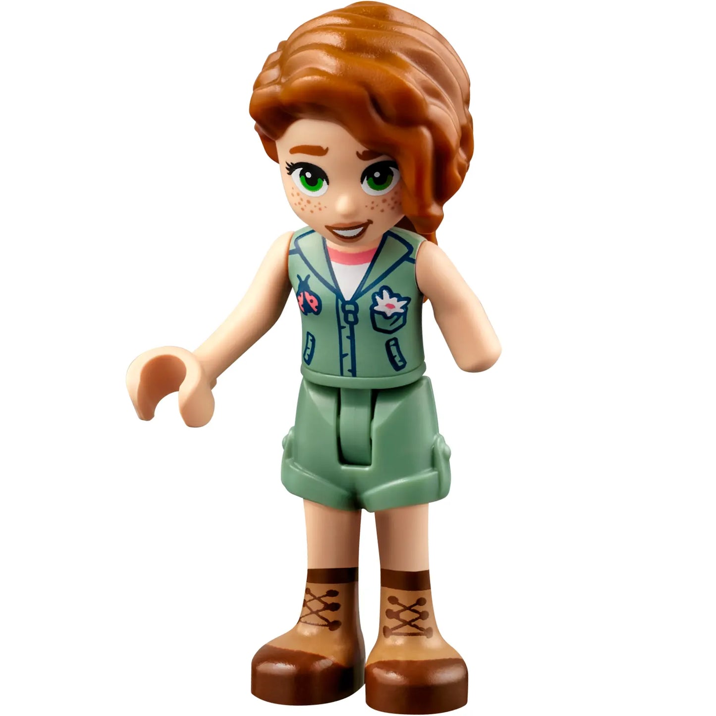 Minifig frnd598 - Friends Autumn - Sand Green Vest over White Shirt, Sand Green Shorts, Nougat and Reddish Brown Boots