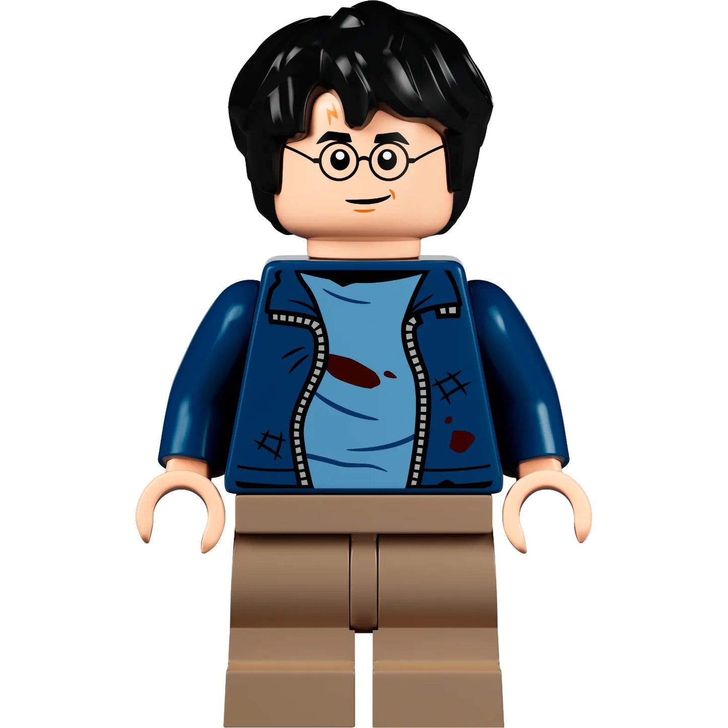 Minifig hp326 - Harry Potter - Dark Blue Open Jacket with Tears and Blood Stains, Plain Arms, Dark Tan Medium Legs, Smile / Angry Mouth
