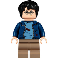Minifig hp326 - Harry Potter - Dark Blue Open Jacket with Tears and Blood Stains, Plain Arms, Dark Tan Medium Legs, Smile / Angry Mouth