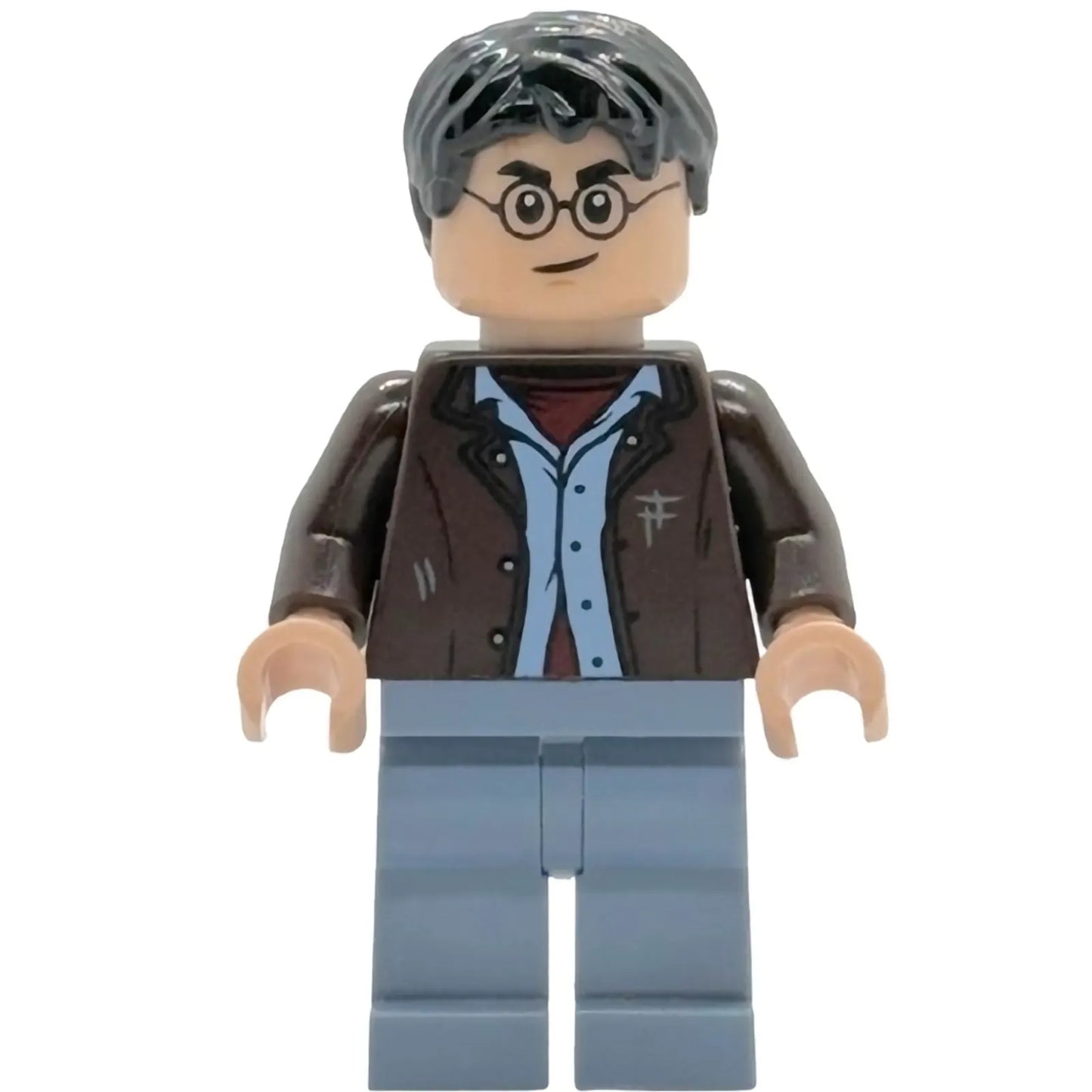Minifig hp528 - Harry Potter - Dark Brown Open Jacket, Sand Blue Legs, Bright Pink Stinging Jinx Face
