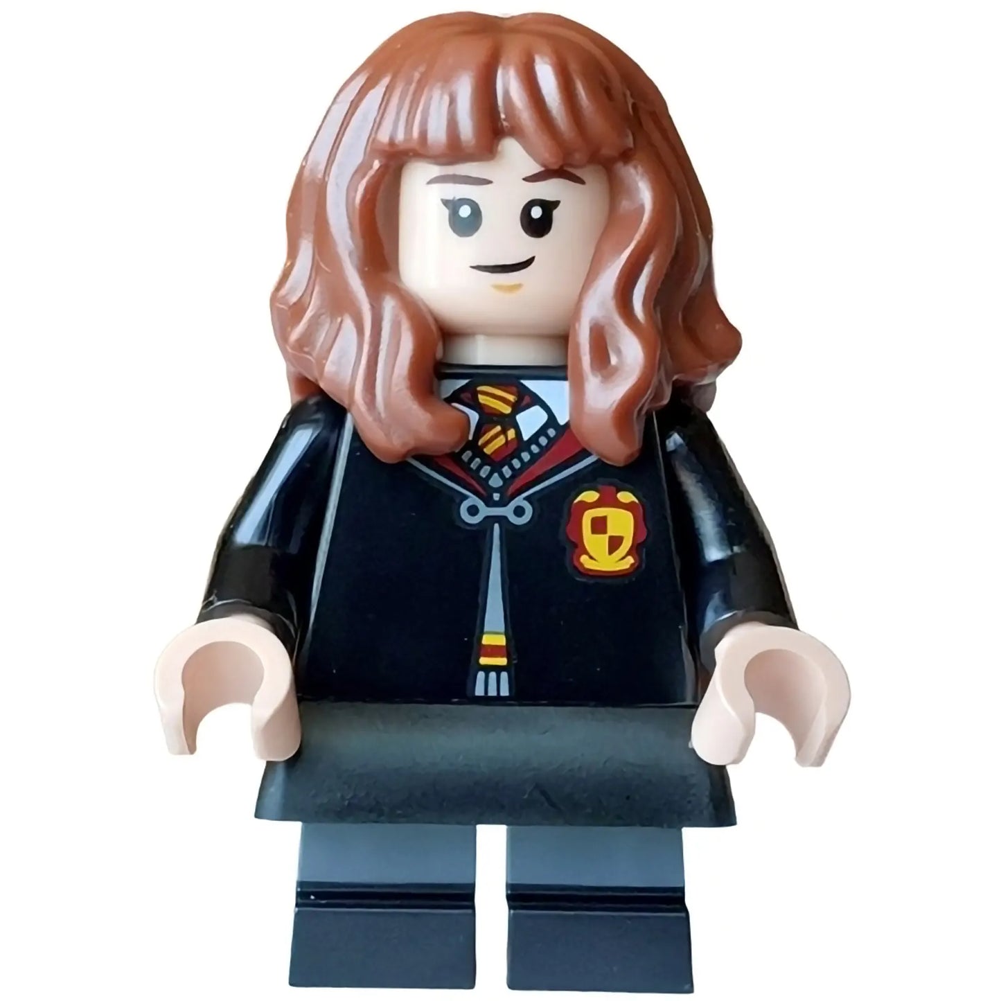 Minifig hp617 - Hermione Granger - Gryffindor Robe Clasped, Black Skirt, Black Short Legs with Dark Bluish Gray Stripes, Grin / Cat Face