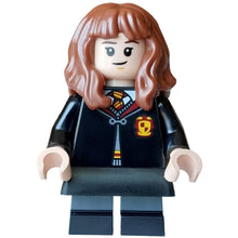 Minifig hp617 - Hermione Granger - Gryffindor Robe Clasped, Black Skirt, Black Short Legs with Dark Bluish Gray Stripes, Grin / Cat Face