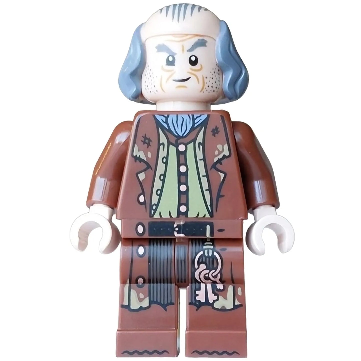 Minifig hp621 - Argus Filch - Bald on Top, Reddish Brown Coat, Dark Tan Vest, Olive Green Shirt