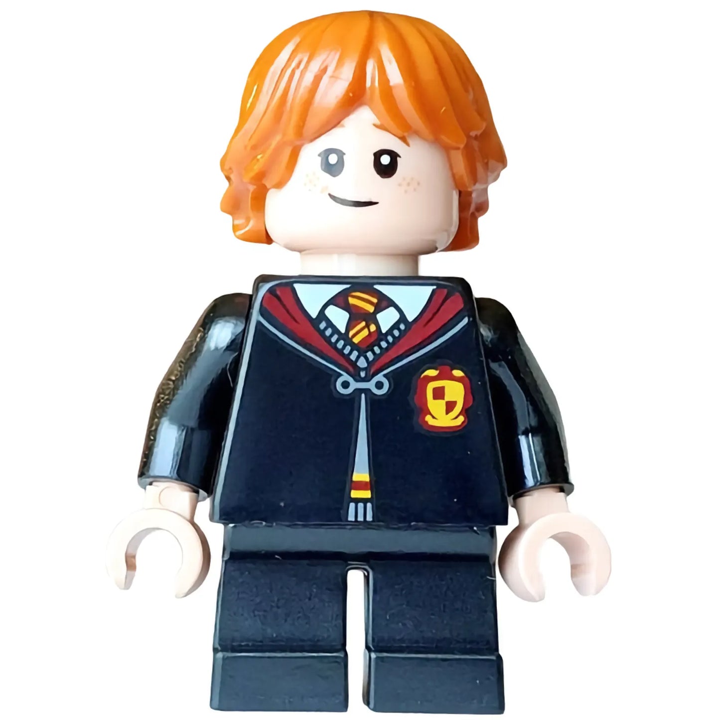 Minifig hp628 - Ron Weasley - Gryffindor Robe Clasped, Sweater, Shirt and Tie, Black Short Legs, Lopsided Grin / Scared Open Mouth, Cheek Lines
